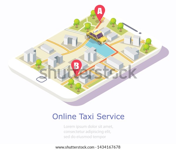 Online taxi service web banner template.\
Isometric smartphone with yellow taxicab and city map on screen.\
Taxi booking mobile app\
concept.
