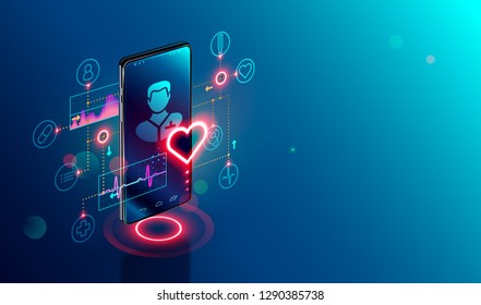 Online Tele Medicine Isometric Concept. Medical Consultation And Treatment Via Application Of Smartphone Connected Internet Clinic.