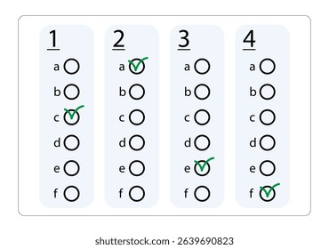 Online test form with checkboxes and some ticks on white background