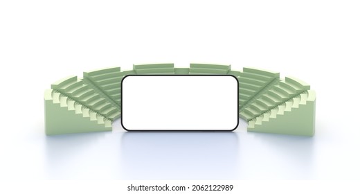 Online Theater Tickets For Entertainment Culture And Sports Events, Blank Screen Mobile Phone And Ancient Amphitheater Isolated On White Background, Space. 3d Illustration