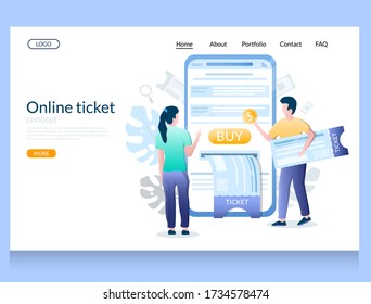 Online Ticket Website Template, Web Page And Landing Page Design For Website And Mobile Site Development. Huge Smartphone And Tiny Characters Buying Cinema, Theater Or Concert Tickets Online.