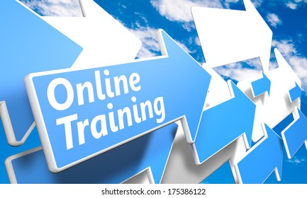 Online Training 3d render concept with blue and white arrows flying in a blue sky with clouds