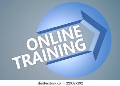 Online Training - 3d text render illustration concept with a arrow in a circle on blue-grey background