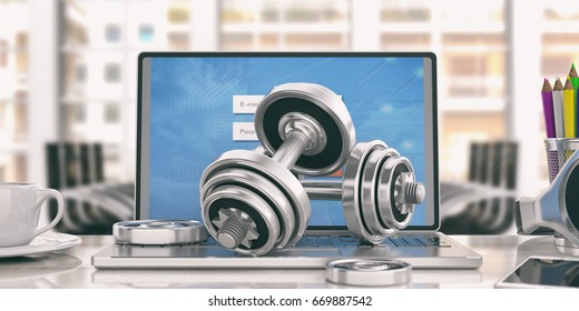 Online Training Concept. Dumbbells Weights And A Laptop Isolated - Office Background. 3d Illustration