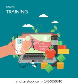 Online training concept flat style design illustration. Laptop with video exercise class, dumbbells, hand holding music player with earphones. Virtual gym online fitness services poster banner. - Powered by Shutterstock