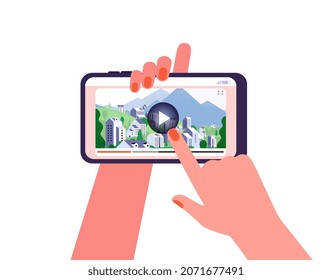 Online travel guide. Video on phone, tourism places review. Woman watch live stream or internet trip illustration. Digital multimedia concept - Powered by Shutterstock