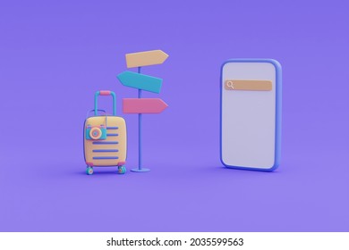 Online Travel And Tourism Planning Concept,Smartphone With Signpost,suitcase And Camera,holiday Vacation,Ready For Travel,3d Render.