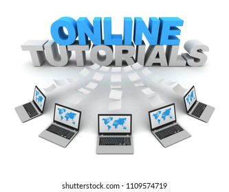 online tutorials and laptops data transfer 3d concept illustration isolated on white background