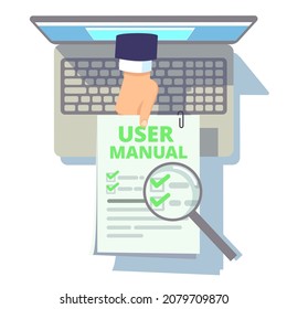 Online User Guide. Web Manual, Hand From Laptop Screen Holding Instruction Or Info. Flat Computer With Booklet, Client Service Illustration