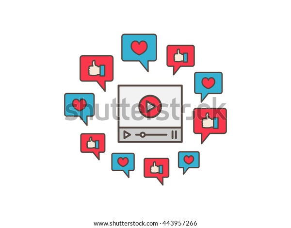 Online viral video colorful illustration. Like,\
heart, dialogue box, media technology creative concept. Internet\
viral web video graphic\
design.
