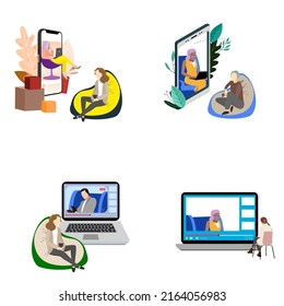 Online visit to psychiatrist concept, various patients and doctors. Psychological therapist and rehabilitation, consultation online and therapy, psychologist remote discussion. illustration - Powered by Shutterstock