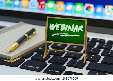 Online web seminar, e-learning, education and self-development concept, blackboard with word webinar and notebook with pen on laptop keyboard - Powered by Shutterstock - Get 15% off with code: PIKWIZARD15