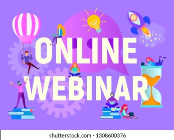 Online webinar concept, online learning, workshops, webinars and trainings on the Internet. Illustration for social media marketing, advertising posters, presentations, banners.