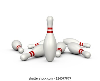 Only One Bowling Pin Standing Front Of Others, Isolated On White Background.