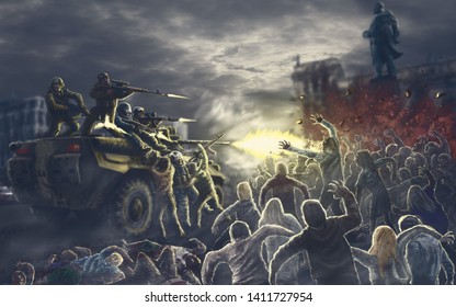 Onset of the army of darkness in the square of the infected city. Zombie apocalypse illustration in horror genre.