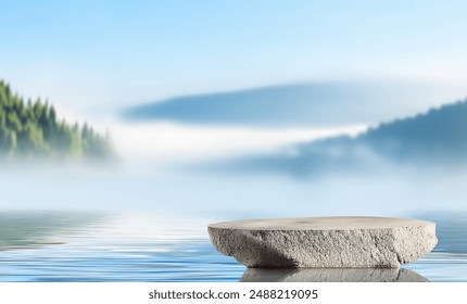 On-the-water stone podium with rippling waves and a misty mountain background. Ideal for displaying beauty products such as skincare, makeup, and cosmetics on a pedestal stage - Powered by Shutterstock