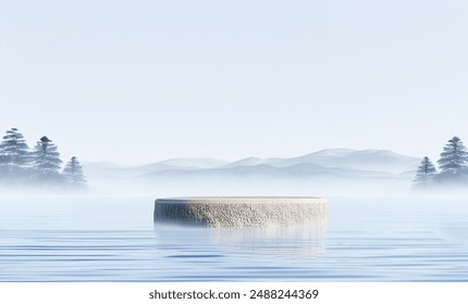 On-the-water stone podium surrounded by gentle waves and a serene misty mountain backdrop. Ideal for showcasing beauty products, including skincare, makeup, and cosmetics. - Powered by Shutterstock