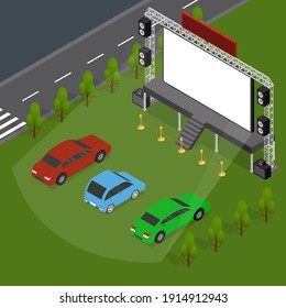 Open Air Cinema Concept Card 3d Isometric View Include of People, Car Outdoor Summer Night Leisure. illustration of Movie Festival - Powered by Shutterstock