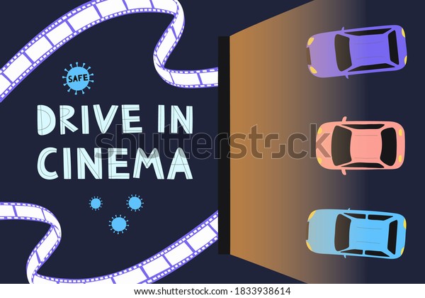 Open air\
cinema concept. Watching movies outdoors in the city parking lot \
evening. Safe Cinema.  Flat\
illustration