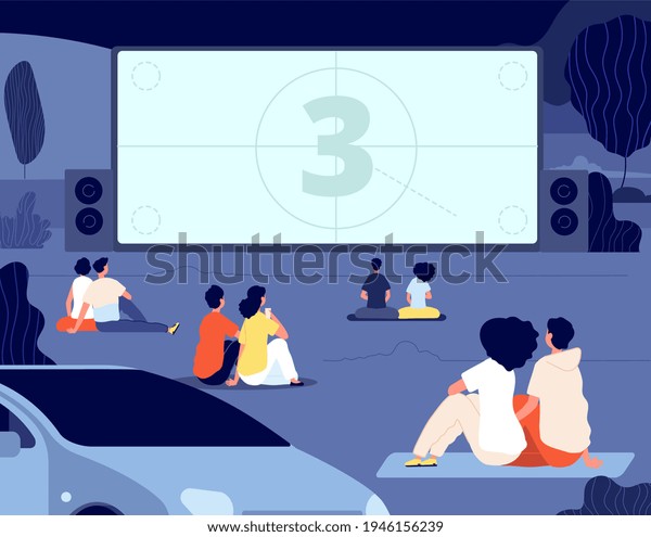 Open air cinema. Outdoor relax, car movie\
night. Friends rest backyard with snacks, screen. Dating couples\
watch movie\
illustration