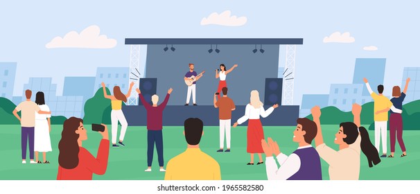 Open air concert. People enjoying outdoor performance with musician band on stage. Crowd listen and dance. Music show in park  concept. Illustration festival concert, music performance outdoor - Powered by Shutterstock