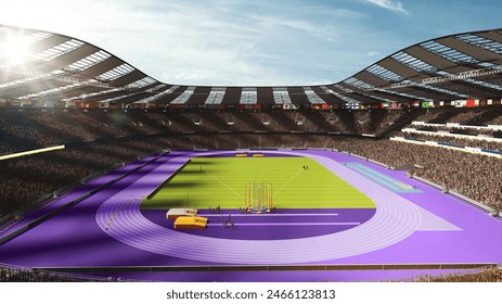 Open air stadium set for international sports competition. Sport das sitting on tribune, empty track and green arena. 3D render. Concept of professional sport, event, tournament, game, championship - Powered by Shutterstock