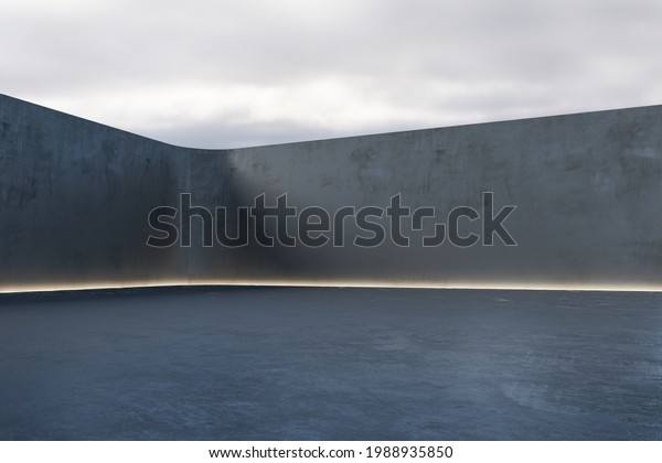 Open air stage for car background with dark fence and\
floor divided by glowing yellow light and cloudy sky on backdrop.\
3D rendering, mock\
up