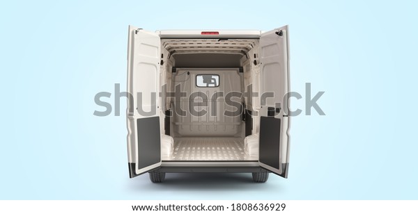 Open back of White Delivery Van Icon 3d render\
on blue gradient