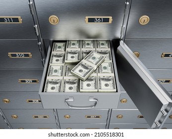 Open Bank Deposit Box Full Of Dollar Bills. 3D Illustration.