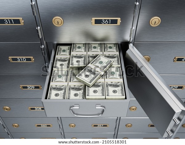 Open bank deposit box full of dollar bills.\
3D illustration.