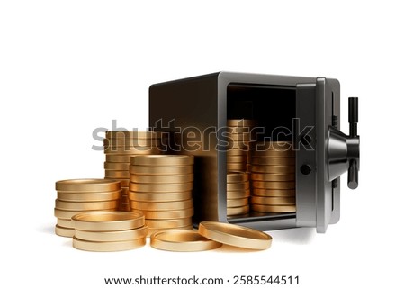 Open Bank safe with stack of gold coins on white podium isolated on white background. Finance,Safe deposit concept, financial security business concept. 3d render