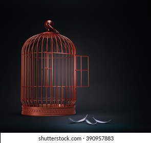 An Open Bird Cage With Feathers - Freedom Concept Illustration