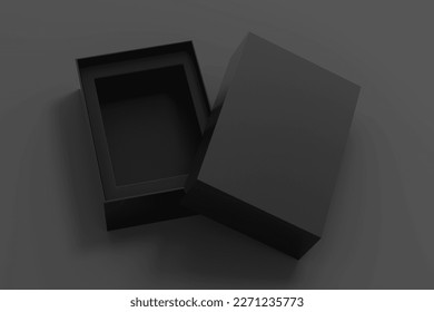Open black box packaging mockup on gray background. Template for your design. 3d illustration