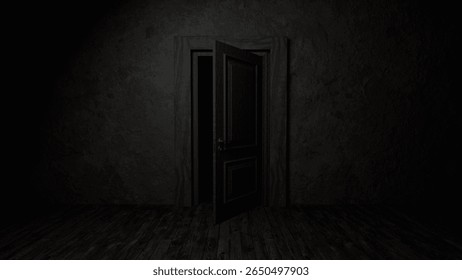 Open black door revealing a dark, mysterious space in an empty room with a wooden floor, creating an atmosphere filled with suspense and intrigue, inviting exploration of the unknown