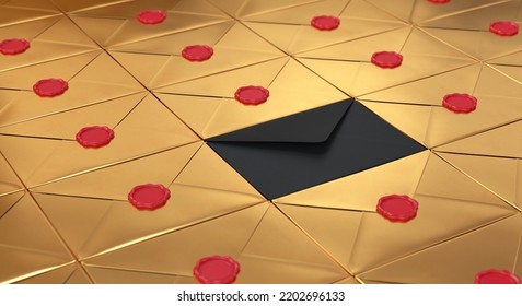 Open Black Envelope Among Many Gold Envelopes With Seals, 3d Render