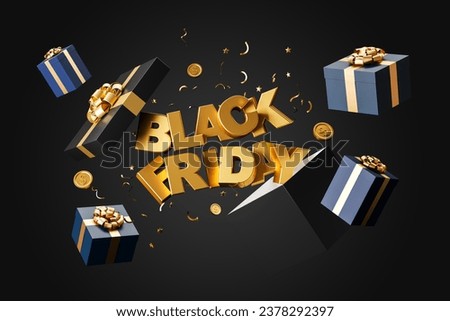 Open black gift box with falling confetti and black friday sale popping out. Concept of discount, marketing and online shopping. 3D rendering illustration