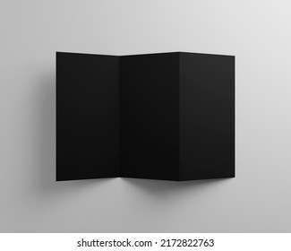 Open Black Trifold Leaflet, Brochure, Catalogue Mockup On Grey Background, 3D Rendering