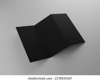 Open Black Trifold Leaflet, Brochure, Catalogue Mockup On Grey Background, 3D Rendering