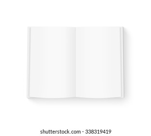 Open Blank Book Mock Up Isolated On White. White Cover Diary Mockup On Table Presentation. Catalog Guide Template Layout. Redactor Text Makeup. Magazine Opened In Middle. Empty Notebook Booklet Design