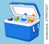 Open blue cooler box filled with ice, bottles, and beverage cans for summer activities.