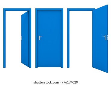 Open Blue Door Isolated On A White Background. 3D Illustration.