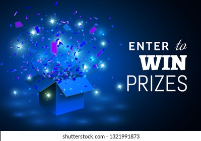 Open Blue Gift Box And Confetti On Blue Background. Enter To Win Prizes.