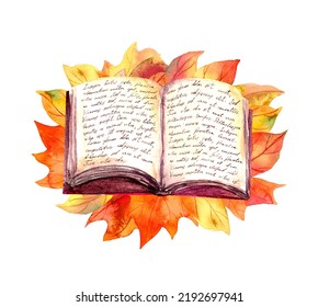 Open Book In Autumn Leaves. Hand Written Text Lorem Ipsum In Old Paper Book. Watercolor Education, School Design