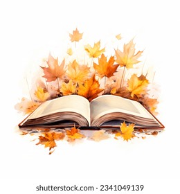 Open book in autumn leaves. Vintage style book illustration for design, print or background. Watercolor education, school design - Powered by Shutterstock