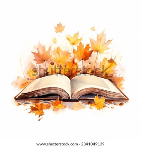 Open book in autumn leaves. Vintage style book illustration for design, print or background. Watercolor education, school design