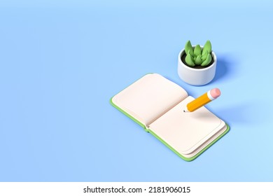 Open book with empty pages, top view, pencil writing and plant on light blue background. Concept of education and idea. Mockup copy space. 3D rendering