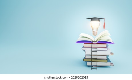 Open Book With Graduation Hat On Light Bulb. Education, Learning On School And University Or Idea Concept. 3d Illustration