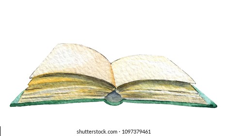 The open book isolated on white background. Watercolor hand painted illustration