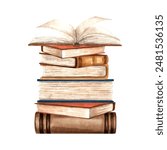 Open book is lying on stack of different books. Composition with textbooks. Hand drawn watercolor illustration isolated. Education concept. Literature and reeding. Template for card, sticker, website.