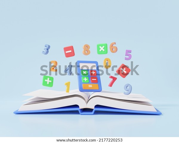 Open\
book mathematic learning education concept. Calculator and basic\
math operation symbols math, plus, minus, multiplication, number\
divide. minimal cartoon. 3d rendering\
illustration